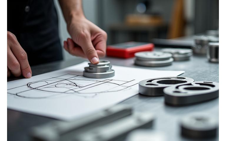 Close-up of a workshop table with design sketches, 3D printed prototypes, and metal samples, representing the design process.